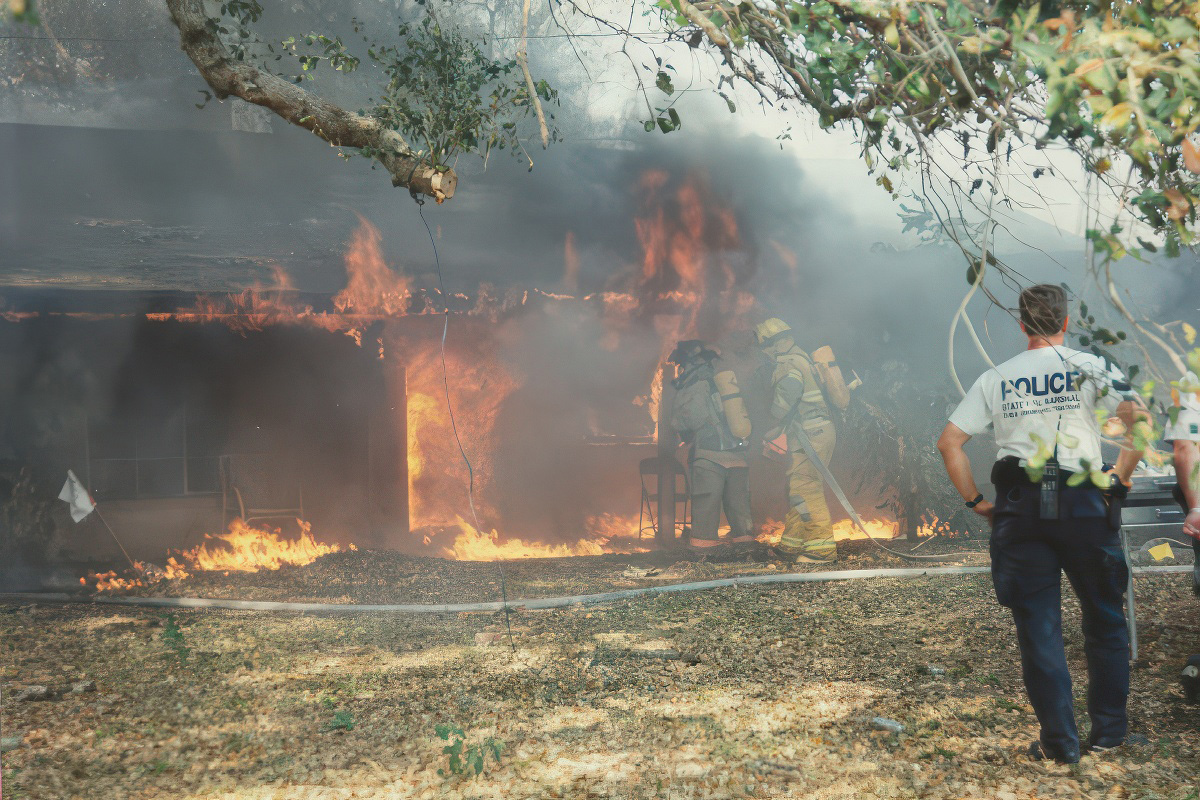 Image of firefighters attempting to put out a house fire.